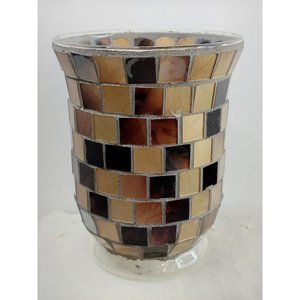Mosaic Stained Glass Footed Hurricane Candle Holder Brown And Gold 6"X4.5